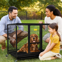 Large Dog Cage Indoor & Outdoor Use - 110 cm Heavy Metal Dog Crate with Lockable Door, Feeding Door, Removable Tray & Universal Wheels - Sturdy Metal Pet Cage (Black, Large)