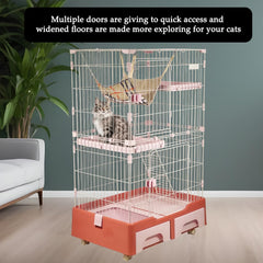 Cat Cage Playpen for Multi-Cat Household, 3-Tier Cat Cage with Cozy Hammock, Wide Platform, Climbing Ladder, Build-in Litter Box & Universal wheels, Ideal for Indoor/Outdoor Use 133 cm (Pink)
