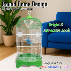 Round Bird Cage with Plastic Base, Metal Wire, Feeding Bowls, Swing, and Perches, 73 cm Travel Portable Cage for Parakeets, Canaries, and Small Birds, Indoor Outdoor Use, Convenient hook (GREEN)