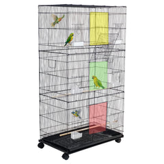 Multi-level bird cage for Small to Medium Parrots, Cockatiels and Lovebirds, 140 cm Bird Villa with Wooden perches, Removable Base Pan, Feeding cups, Wide Front Doors, and Strong Metal Wire (Black)
