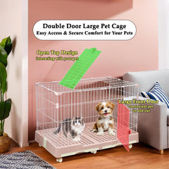 Pet Cage for Cat & Dogs | Dog Cage with Open-Top Design, Metal Wire, Lockable Door, Removable Tray and Universal Wheels | Ideal for Indoor/Outdoor | Easy to Assemble 98 cm (Pink)
