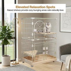 Cat Cage with Rolling Casters, Elevated Lounging Platforms, Secure Locking Doors, and Leak-Proof Base, Heavy-Duty Metal Cat Enclosure for Indoor Cats & Kittens, Easy to Assemble, 101 cm, Beige