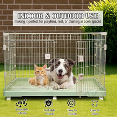 Cat Cage with Universal Wheels, Wide Main Door, Durable and Sturdy Metal Wire, 98 cm Dog Cage with Secure Lock, Easy to Assemble, Indoor-Outdoor Cat Kennel, Ideal for All Size of Pets, Green