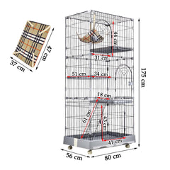Large Cat Cage for Indoor Cats & Kittens - 3-tier Metal Wire Grey Cat House with 3 Lockable Doors, Pet Home - Cozy Hammock, Climbing ladder, Drawer Tray and Universal wheels, Easy Assembly 175 cm