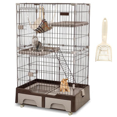 Cat cage playpen for Multi-cat household, 3-tier cat cage with Cozy hammock, Wide platform, Climbing ladder, Build-in litter box, and Universal wheels, Ideal for indoor/outdoor use 133 cm (Chocolate)