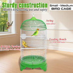 Round Bird Cage with Plastic Base, Metal Wire, Feeding Bowls, Swing, and Perches, 73 cm Travel Portable Cage for Parakeets, Canaries, and Small Birds, Indoor Outdoor Use, Convenient hook (GREEN)