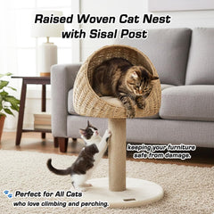 Cat tree small with Wicker basket, natural tower, Scratching post, and Easy to assemble, 75cm Indoor cat furniture for kittens to Adult cats, Cat play and Rest tower, Soft Cushion (Beige)