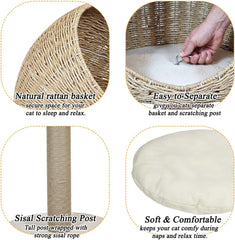 Cat tree small with Wicker basket, natural tower, Scratching post, and Easy to assemble, 75cm Indoor cat furniture for kittens to Adult cats, Cat play and Rest tower, Soft Cushion (Beige)