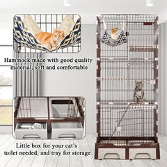NNC PETS Large Cat Cage Indoor - 4-Tier Multi-Level Cat Crate Kennel with Hammock, Plastic Perches, Climbing Ladder, Litter Box Area & Universal Wheels, 81L x 56W x 186H cm (Chocolate, Large)
