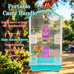 Small Bird Cage with Perches, Feeders and Swing, Ideal for Parakeets, Lovebirds, and Small Parrots, 62 cm Metal Cage with Hanging, Pull-out Tray, Portable, Durable and Top-Roof Design (Cyan)