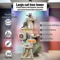 Cat Tree for Big Cats with Top Soft Plush | Cat Tower with Paw Shape Perch & Hammock, Multi-level Cat Tower with Cozy Condo | Fun Ladder & Scratching Posts | Indoor Cat House (Beige, 150 cm)