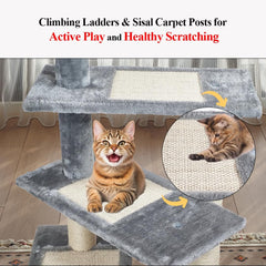 Cat Tree for Large Cats | Cat Tower House with Climbing Ladders | Soft Plush Fabric and Durable Activity Tower with Top Perch | Sisal carpets & Scratching posts, 102 cm (Grey)