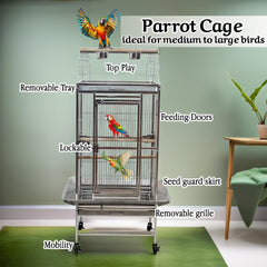 Large parrot cage with Stand, Stainless steel, and Feeding bowl with doors, 153 cm Top play bird cage for Macaw, Cockatoo, and medium to large birds, Indoor-outdoor use, Tray and Wheels (Grey)