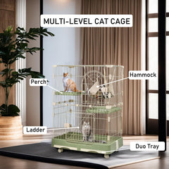 NNC PETS 2-Tier Cat Cage Indoor - Metal Wire Cat Crate Playpen Kennel with 2 Lockable Doors, Climbing ladder, Removable Tray &b Universal Wheels - Easy Assembly, 102 cm(Green, Medium)