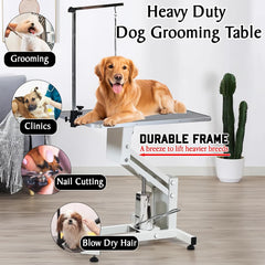 Hydraulic Pet Grooming Table with Pump, Foot lift, and Adjustable feet, Dog grooming table with Adjustable Arm & Secure clamp, Anti-slip Surface and Heavy Duty for all size breeds, 170 cm (White)