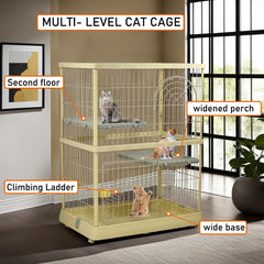 Cat cage for indoor & outdoor, Durable 2-tier metal wire cat cage with 2 lockable doors, Wide platforms, Climbing ladder, and Universal wheels, Suitable for Multi-cat household 120 cm (Yellow)