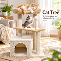 Cat Tree Tower for Indoor Cats, 70 cm Multi-Level Cat Activity Center with Plush Perches, Cozy Hideaway, Sisal Scratching Post and Spring Ball Toy, (Beige)