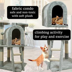 Cat Tree with Curved Perches - 125 cm Cat Tower House - Cat Condos & Cat Scratching Post - Dangling Toys - Premium Pet Tree for Indoor Cats & Kittens - Easy to Assemble (Grey)