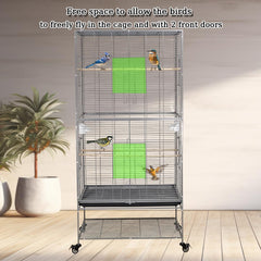 Large bird cage, Durable design and Steel wire, Removable tray and Multiple access doors, Wood perches and Food bowls, Small and medium birds, Universal wheels with brakes 168 cm (Grey)