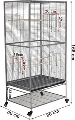 Large bird cage, Durable design and Steel wire, Removable tray and Multiple access doors, Wood perches and Food bowls, Small and medium birds, Universal wheels with brakes 168 cm (Grey)