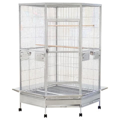 Extra large corner bird cage with Wooden perches, Stainless steel food bowls, Slide-out tray, and Universal wheels, Heavy-duty metal bird cage for Parrots, Parakeets, and Macaws, 184 cm (Grey)