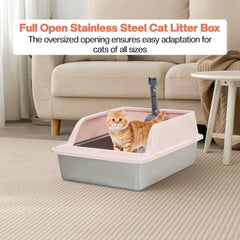 Semi-enclosed stainless steel cat litter box with a Litter scoop, Grid design, and High wall side cover, Durable litter box for Indoor cats, Detachable design for easy cleaning, 50 cm