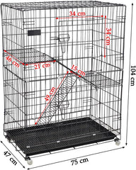 Cat Cage - Pet House & Villa with 2-lockable Doors, Climbing ladders, Removable tra and Universal wheels, Durable 2-tier 104 cm Metal Cat House for Multi-cat Households, Easy to assemble (Black)