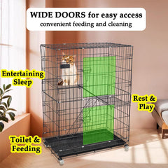 Cat Cage - Pet House & Villa with 2-lockable Doors, Climbing ladders, Removable tra and Universal wheels, Durable 2-tier 104 cm Metal Cat House for Multi-cat Households, Easy to assemble (Black)