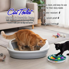 Semi open cat litter box with Durable plastic material, Splash guard, Stable base and Air ventilation design, Pet waste tray with Scoop, high fence, Indoor-outdoor use, and Detachable