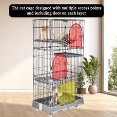 NNC PETS Large Cat Cage Indoor - 3-Tier Metal Wire Cat Crate Kennel with 3 Lockable Doors - Cozy Hammock & Climbing Ladder - Drawer Tray & Universal Wheels, Easy Assembly, 145 cm(Grey, Large)