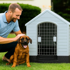Dog House Outdoor & Indoor Use | Plastic Durable Waterproof & Weatherproof Designed Dog Home | All-Season Shelter with Air Vents, Lockable Door & Elevated Floor, Easy To Assemble (Grey, 70cm)