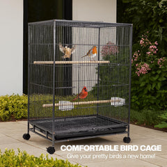 Bird cage for Small to Medium birds, Wrought iron bird cage with Open-top design, Feeding cups, Wooden Perches, Slide-out tray, and Universal wheels, Ideal for Indoor/Outdoor use, 85 cm (Black)