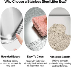 Stainless steel cat litter box with Scoop, Anti-splash design, Grid design, Non-stick, and Odor resistant, Open top kitty toilet for Indoor cats & kittens, Easy to clean