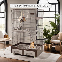 Cat cage playpen for Multi-cat household, 3-tier cat cage with Cozy hammock, Wide platform, Climbing ladder, Build-in litter box, and Universal wheels, Ideal for indoor/outdoor use 133 cm (Chocolate)