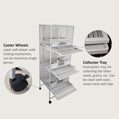 Bird cage, Multi-level bird cage with Wooden perches, Stainless steel food bowls, Removable tray, and Caster wheels, Spacious metal bird cage, Ideal for bird breedings 183 cm (White)