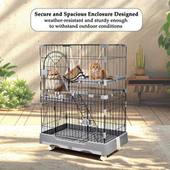 Cat Cage - Pet House for Indoor Cats & Kittens - 2 Lockable Doors, Climbing ladder, Removable Tray and Universal Wheels, 2-tier metal wire Cat Home - Easy Assembly 102 cm (Grey)