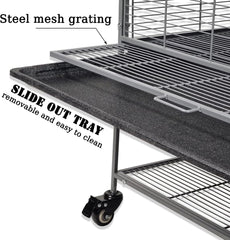 Bird cage for Medium to Large-sized birds, Durable house-roof design bird cage with Wooden perches, Feeding cups, Slide-out tray, Storage shelf, and Universal wheels 167 cm (Grey)