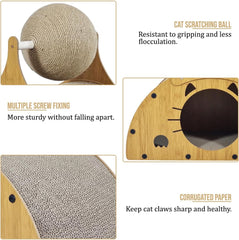 Wooden cat scratcher, Durable 2-in-1 cat scratcher & bed with Corrugated cardboard, Scratching ball, and Sturdy MDF Material, Suitable for Scratching, Playing, and Sleeping 50 cm (Brown)