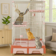 Cat Cage Playpen for Multi-Cat Household, 3-Tier Cat Cage with Cozy Hammock, Wide Platform, Climbing Ladder, Build-in Litter Box & Universal wheels, Ideal for Indoor/Outdoor Use 133 cm (Pink)