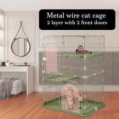 NNC PETS Cat Cage Kennel with 2-lockable Doors - 2-Tiier Metal Wire Pet Cat House Playpen for Indoor Cats - Cozy Hammock, Climbing Ladder, Drawer Tray & Universal Wheels, Easy Assembly (Green, 108 cm)