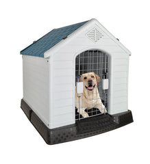 Plastic dog house with Durable PP material, Ventilation holes, Lockable door, and Raised floor, Water-proof pet shelter for small to medium breeds, Indoor/Outdoor use, Easy assembly, 70 cm (Grey)