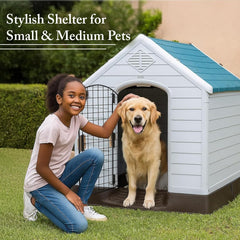 Dog House Outdoor | Plastic Durable Weatherproof Designed Dog Home for Medium to Large Dogs | All-Season Shelter with Air Vents, Lockable Door & Elevated Floor, Easy To Assemble (Blue,100cm)