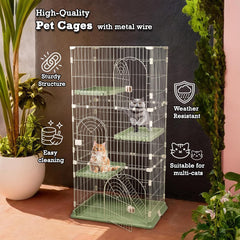 NNC PETS 3-Tier Cat Cage Playpen Kennel with Metal Wire - 162cm Large Cat Crate House - 3-lockable Doors, Wide Platforms, Climbing Ladder & Leak-Proof Base - Easy to Assemble (Green, Large)