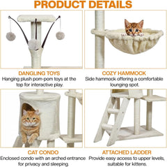 Multi-level cat tree tower for Indoor cats & Kittens, Sturdy activity center with Hanging toys, Sisal scratching post, Cozy Hammock, Plush Condo and Ladder, Easy assembly, 136 cm