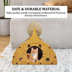 Wooden cat scratcher, Durable 2-in-1 cat scratcher & bed with Corrugated cardboard, Scratching ball, and Sturdy MDF Material, Suitable for Scratching, Playing, and Sleeping 50 cm (Brown)
