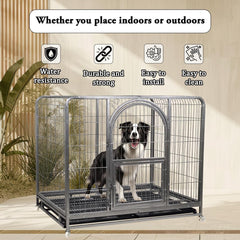Large dog cage with Open-top design, Lockable door, Removable tray, and Universal wheels, Heavy-duty metal dog cage for medium to large breeds, Suitable for indoor & outdoor use 125 cm (Silver)