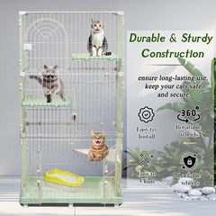 3-Tier Cat Cage with Locking Wheels, Wide Shelves, Multi-Access Door, and Sturdy Metal Wire, 158 cm Cat Playpen for Indoor-Outdoor Use, Durable Pet Crate, Easy to Assemble and Easy to Clean, Green