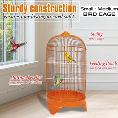 Round Bird Cage with Plastic Base, Metal Wire, Feeding Bowls, Swing, and Perches, 73 cm Travel Portable Cage for Parakeets, Canaries, and Small Birds, Indoor Outdoor Use, Convenient hook (ORANGE)