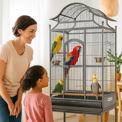 Large Bird Cage for Parrots, Macaws & Other Birds - 180cm Durable Metal Cage with Wooden Perches, Feeding Bowls, Removable Tray & Universal Wheels - Ideal for Indoor & Outdoor (Pitch Black, Large)
