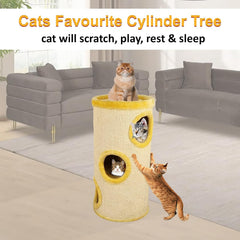 Cylinder cat tree activity center for indoor cats, Multi-level cat climbing tree with Dangling ball, Sisal scratching post, and Comfortable cat beds, Easy to assemble 75 cm (Yellow)